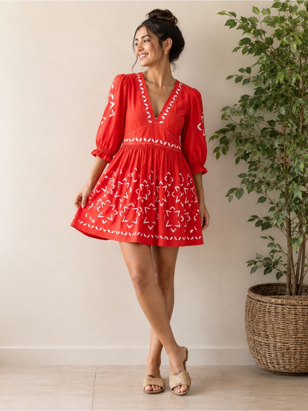 Anthropologie‎ Banjanan Red with Inlaid Embroiderey Mini Dress Poplin Cotton
